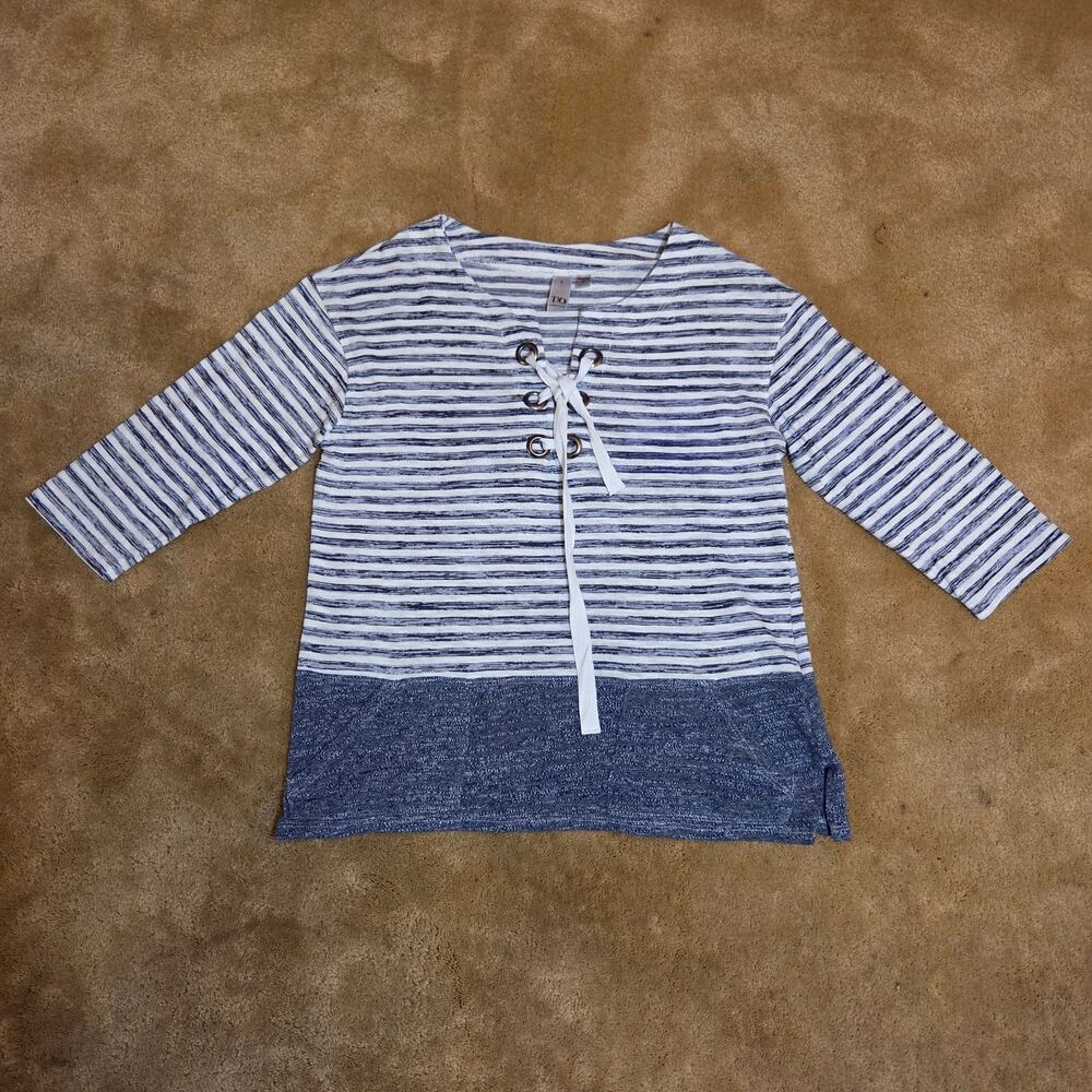 TO Thomas & Olivia Striped Lace Up Top Womens Small Blue White